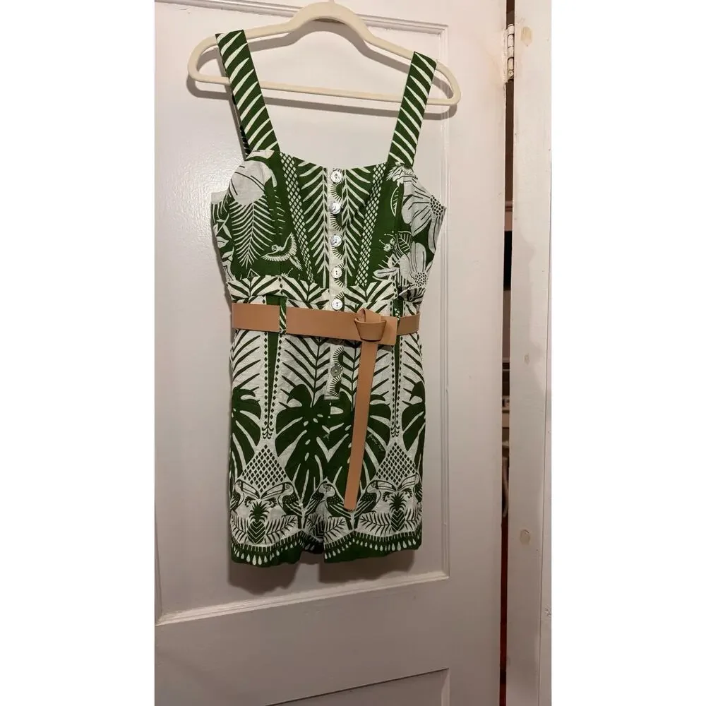 Farm Rio Macaw Elegance Tropical Romper Green Cream Sleeveless M (has call outs) - Picture 4 of 9
